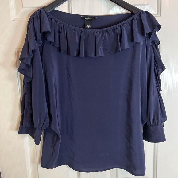 Moda International Womens Ruffled Silk Navy Blouse Size XS 3/4 Sleeve Flowy Work - Picture 2 of 6